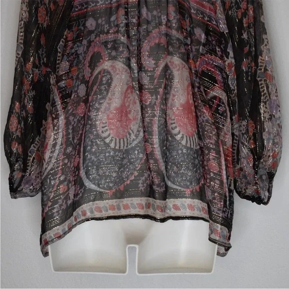 TUCKER Bergdorf Goodman Boho 100% Silk Button Down Sheer Blouse Metallic Size S - Picture 10 of 11
